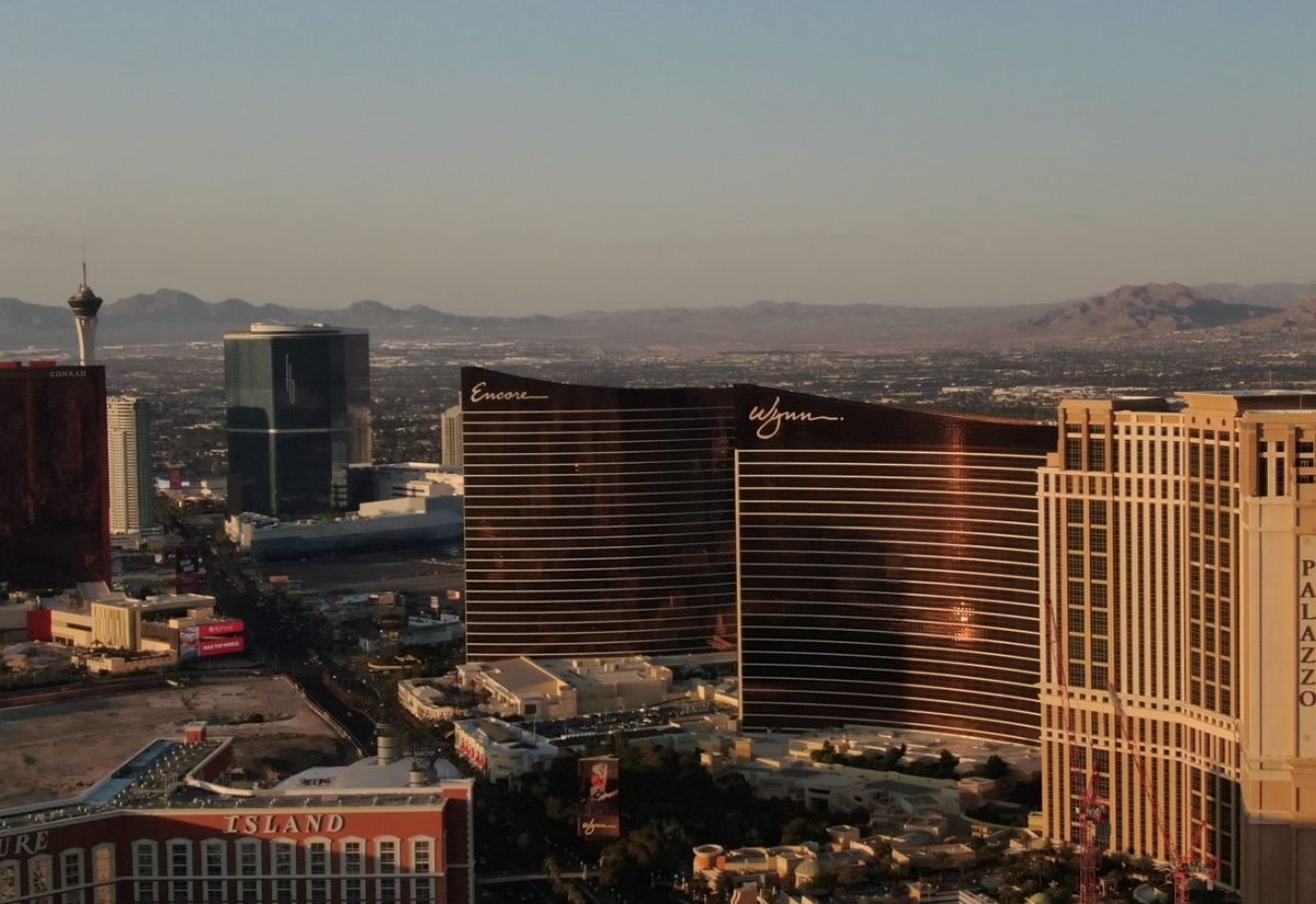 Las Vegas resort towers in golden evening light