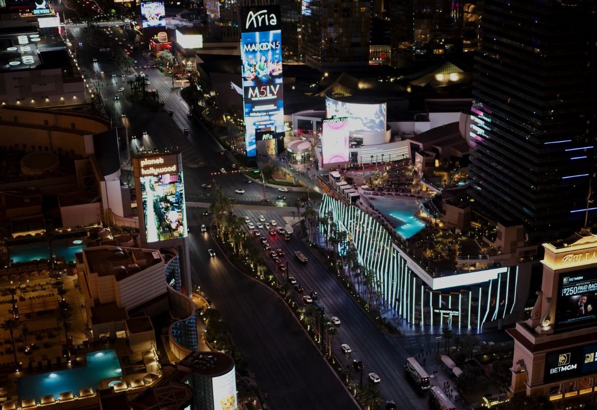 The Las Vegas Strip lit up at night from above