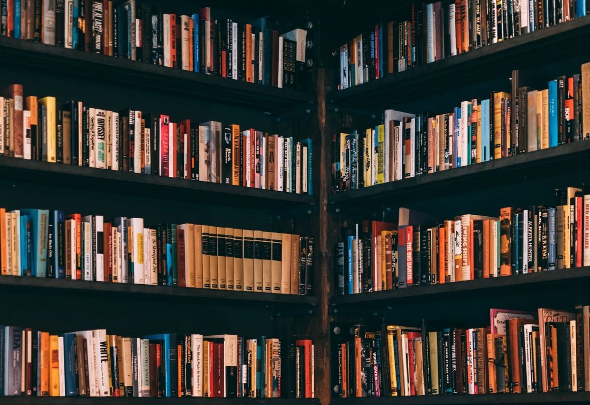 Dark wooden shelves lined with books