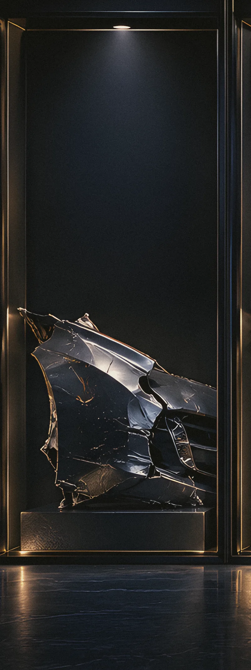 Damaged vehicle bodywork presented in a dark evidence bay