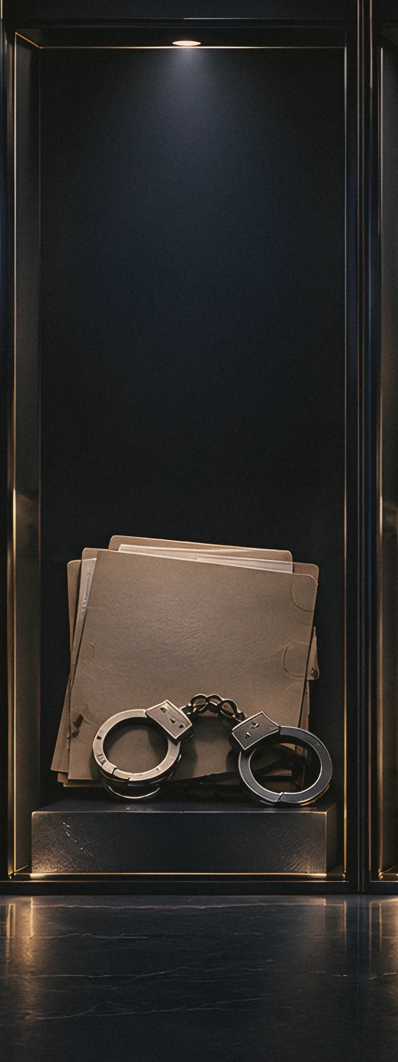 Closed handcuffs and a case file in a dark evidence bay