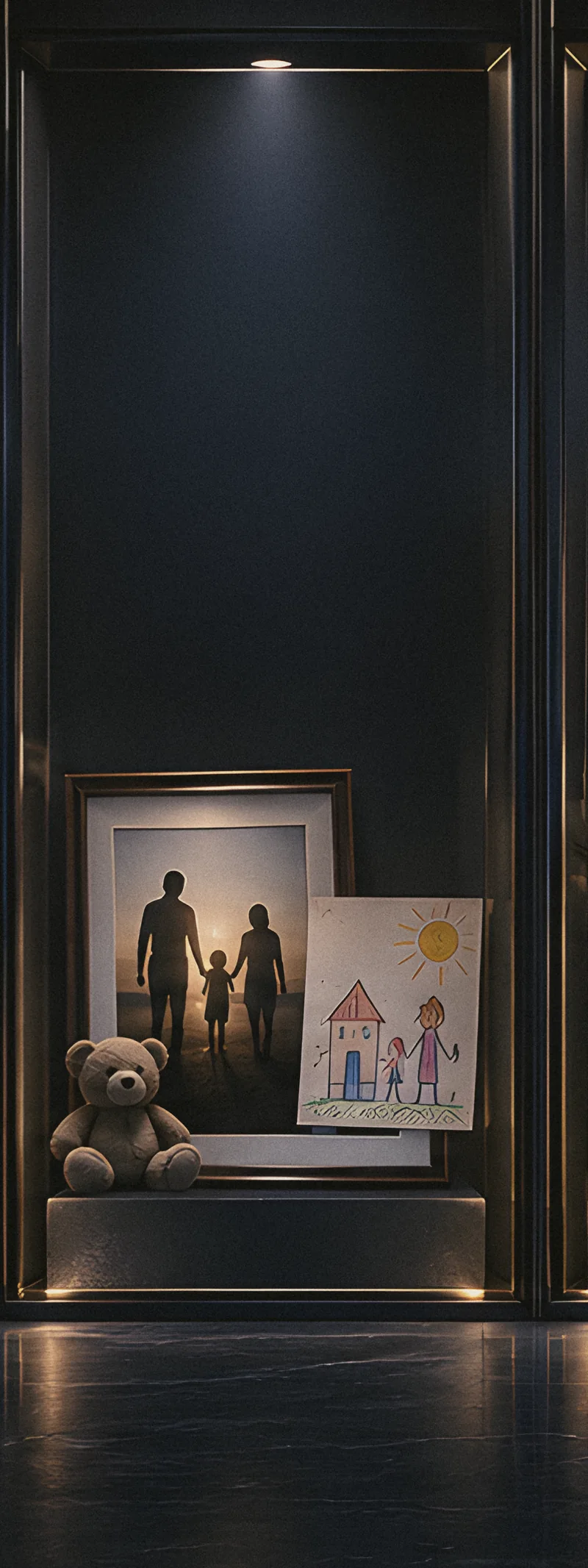 A family portrait, child drawing and toy in a dark evidence bay