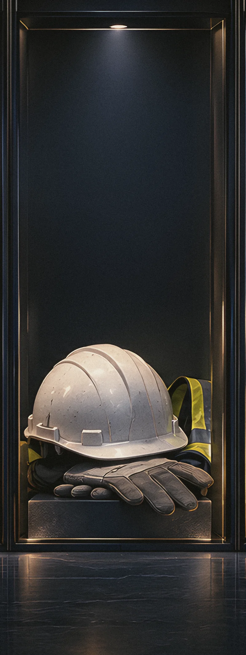 Hardhat and work gloves in a dark evidence bay