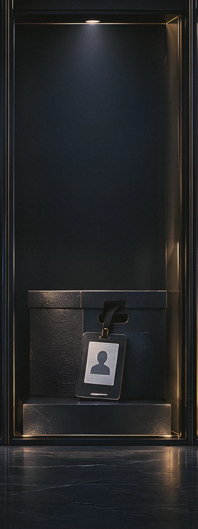 Employee badge and archive box in a dark evidence bay
