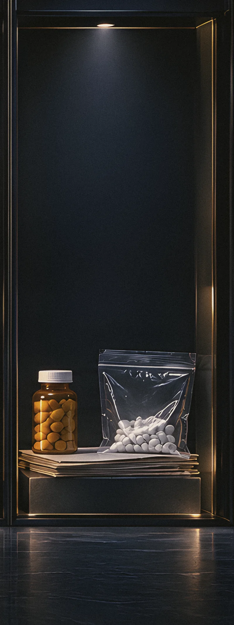 Medicine bottle and sealed evidence sample in a dark evidence bay