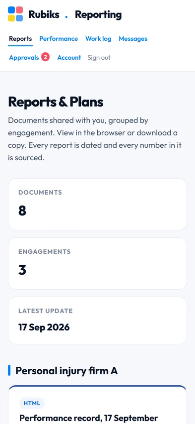 The Rubiks reporting portal, reports and plans screen, on a phone