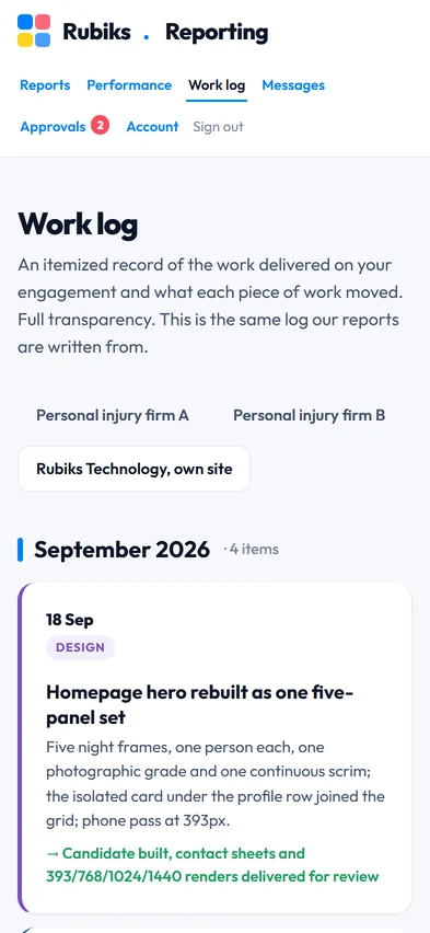 The Rubiks reporting portal, work log screen, on a phone